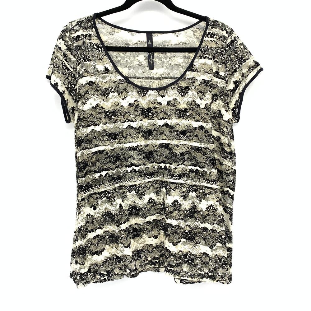 Jessica Simpson Scoop Neck Lace T-Shirt Womens Size Large Black Cream Cap Sleeve
